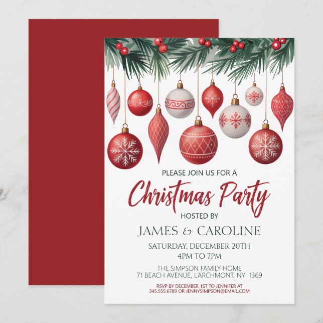Invitación a la fiesta de Navidad roja y blanca (Anverso / Reverso)