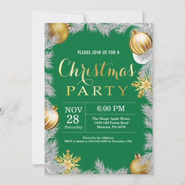 Invitación a la fiesta de Navidad verde y dorada (Anverso)