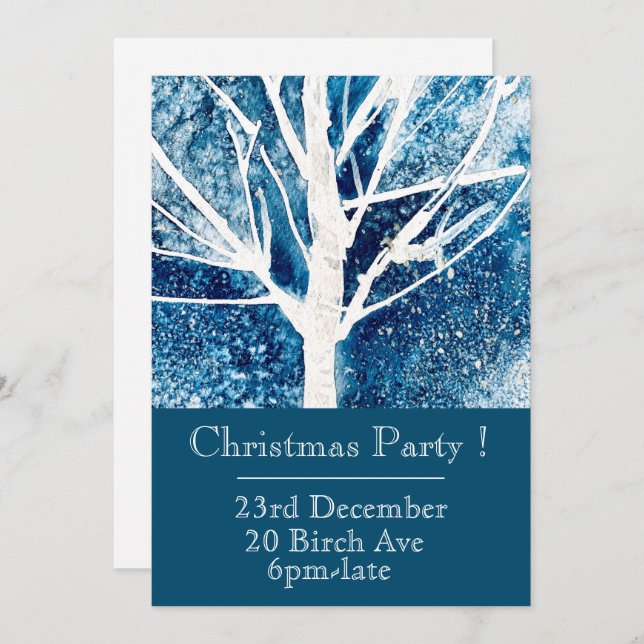 Invitación a la fiesta de Navidades blancos y azul (Anverso / Reverso)