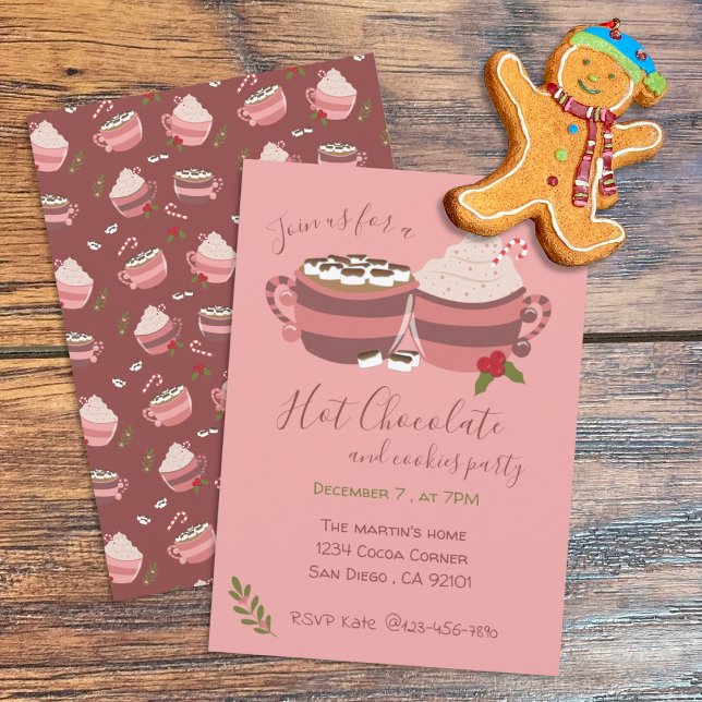 Invitación a la fiesta de Navidades del Cacao cali (Hot Cocoa and Christmas cookies pink Holiday party invitation )