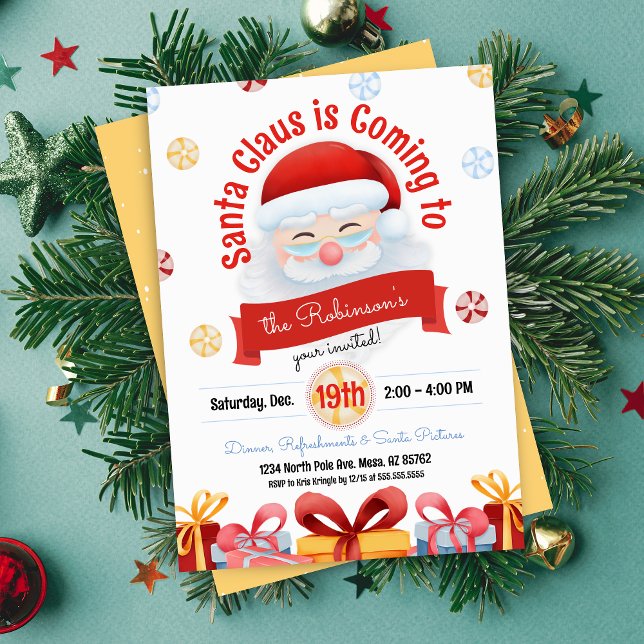 Invitación a la fiesta de Navidades temáticos de S (cute santa claus is coming annual christmas party invitation for kids adults holiday party invites)