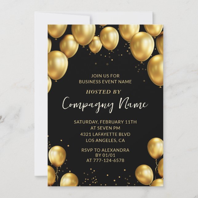 Invitación a la fiesta de negocios negros Globos C (Anverso)