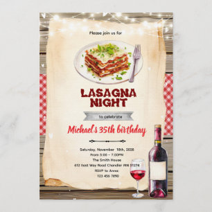 invitación a la fiesta de noche de lasaña y vino