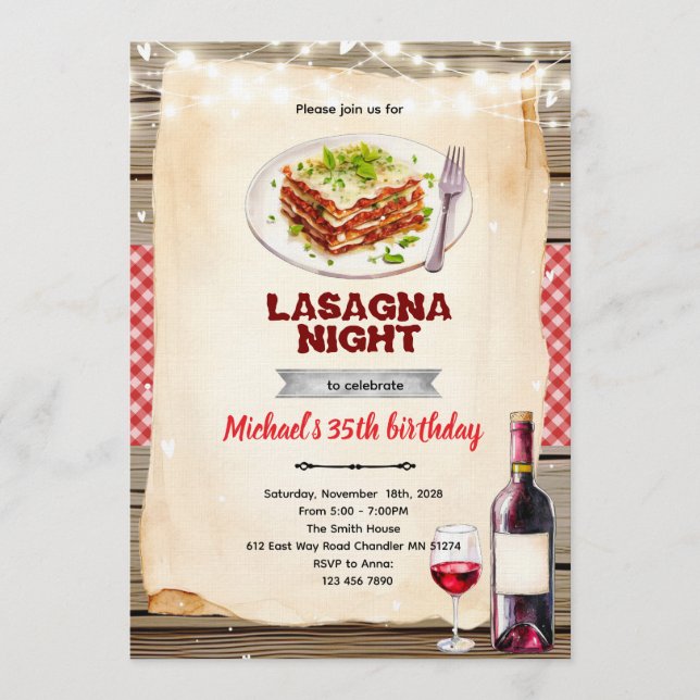 invitación a la fiesta de noche de lasaña y vino (Anverso)