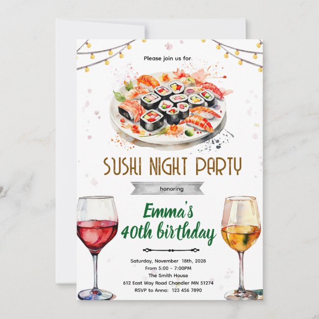 invitación a la fiesta de noche de vino de sushi (Anverso)