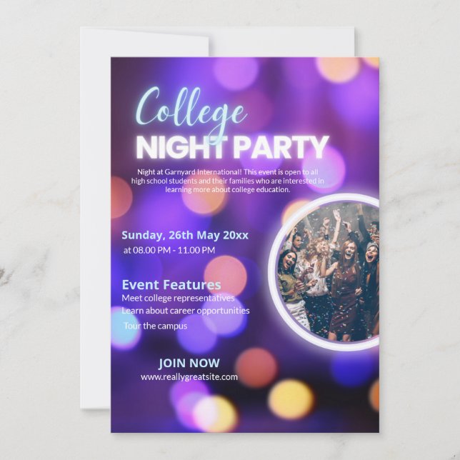 Invitación a la fiesta de noche universitaria de n (Anverso)