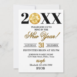 Invitación a la fiesta de Nochevieja 2026 dorada y