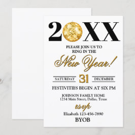 Invitación a la fiesta de Nochevieja 2026 dorada y
