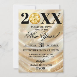 Invitación a la fiesta de Nochevieja 2026 dorada y