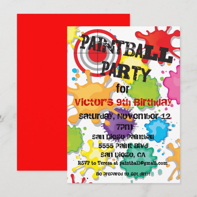 Invitación a la fiesta de Paintball (Anverso / Reverso)