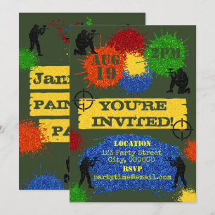 Invitación a la fiesta de paintball con purpurina