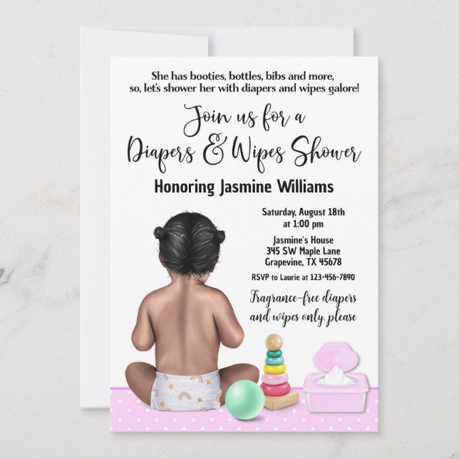 Invitación a la fiesta de pañales para niña (Anverso)