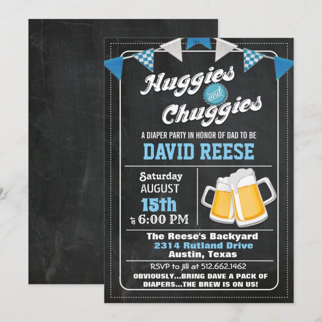 Invitación a la fiesta de pañales para papá Huggie (Anverso / Reverso)