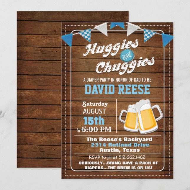 Invitación a la fiesta de pañales para papá Huggie (Anverso / Reverso)