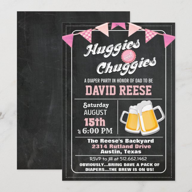 Invitación a la fiesta de pañales para papá Huggie (Anverso / Reverso)