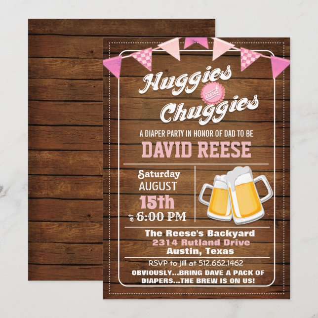 Invitación a la fiesta de pañales para papá Huggie (Anverso / Reverso)