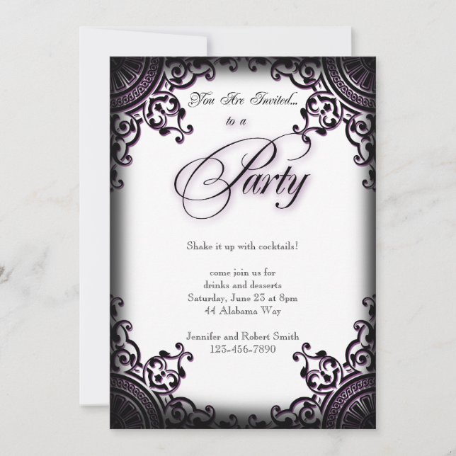 Invitación a la fiesta de pergamino gótico negro y (Anverso)