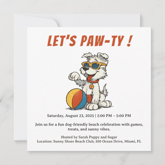 Invitación a la fiesta de perros en la playa retro (Anverso)