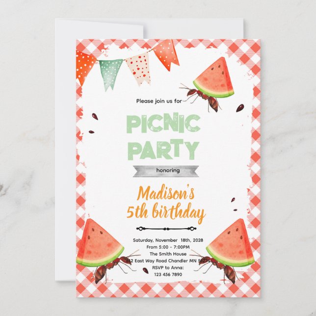 invitación a la fiesta de picnic de la hormiga de  (Anverso)