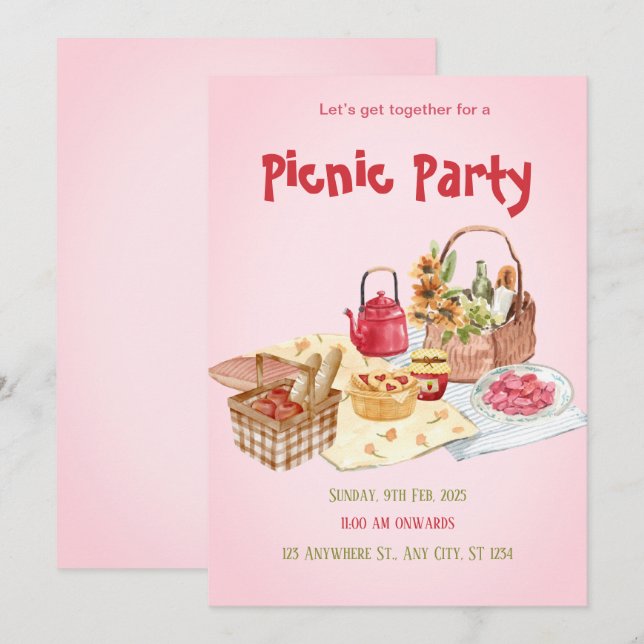 Invitación a la fiesta de picnic rosado (Anverso / Reverso)