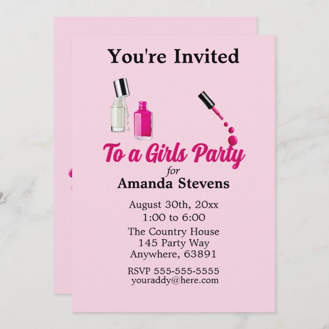 Invitación a la fiesta de pijamas con esmalte de u (Anverso / Reverso)