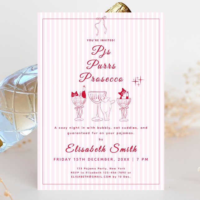 Invitación a la fiesta de pijamas de gato 'PJs, Pu (PJs, Purrs & Prosecco Cat Pajama Party Invitation)