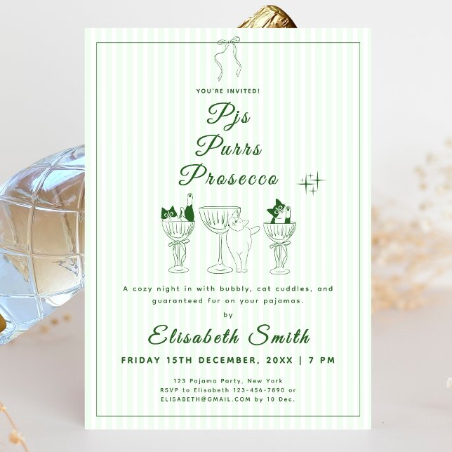 Invitación a la fiesta de pijamas de gato 'PJs, Pu (PJs, Purrs & Prosecco Cat Pajama Party Invitation)