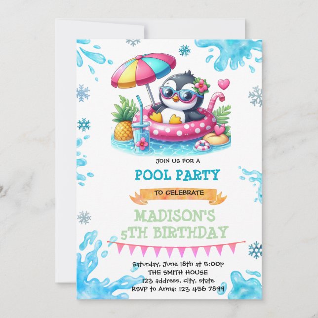 invitación a la fiesta de pingüinos en la piscina  (Anverso)