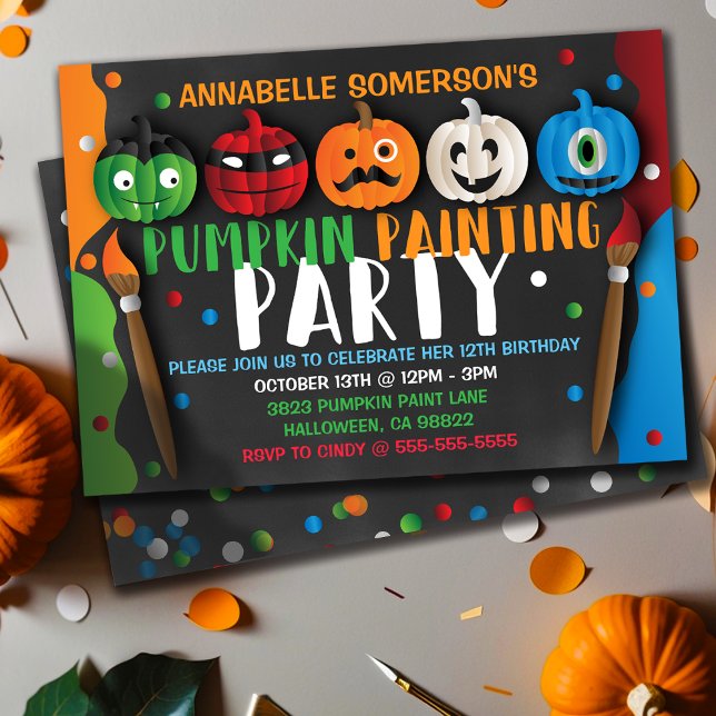 Invitación a la fiesta de pintura de calabaza para (Halloween Kids Pumpkin Painting Party Invitation
)