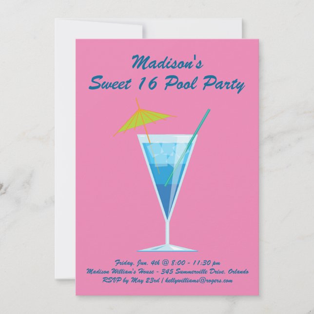 Invitación a la fiesta de Piscina 16 de dulce rosa (Anverso)