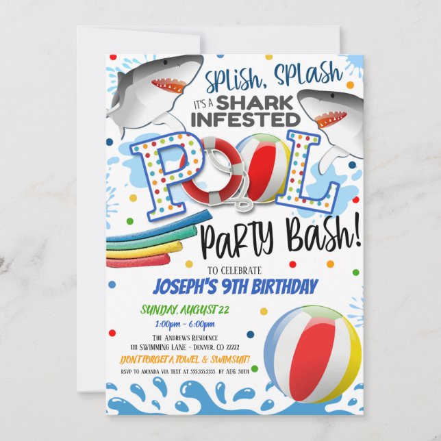 Invitación a la Fiesta de Piscina Ataque de Tiburó (Anverso)