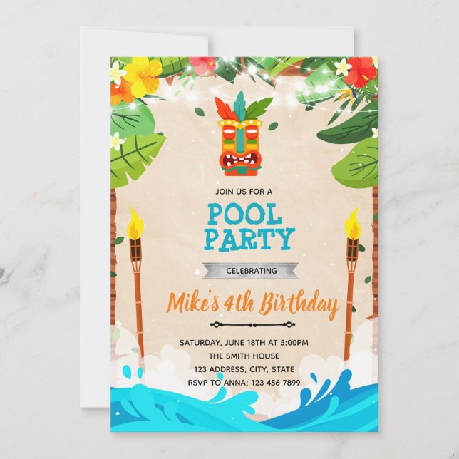 invitación a la fiesta de piscina con tema de luau (Anverso)