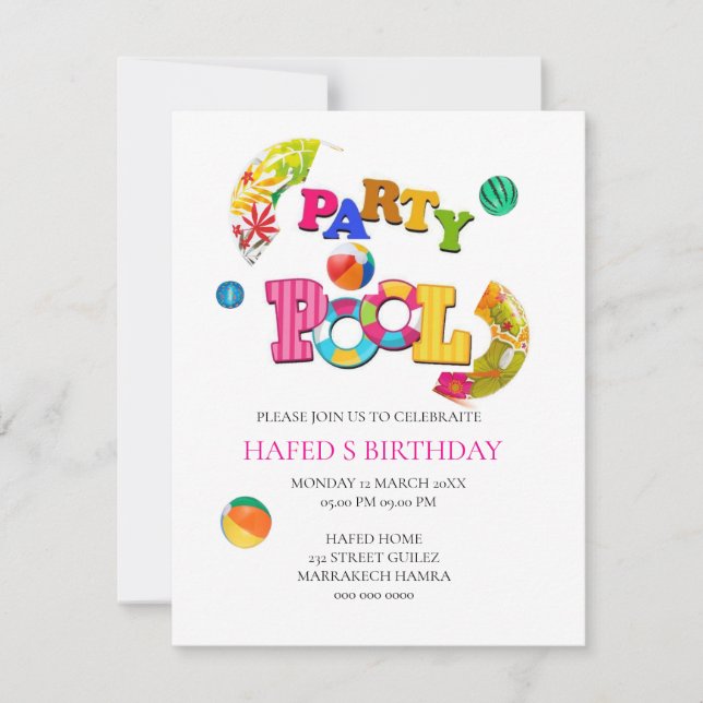 Invitación a la Fiesta de Piscina Cumpleaños Fiest (Anverso)