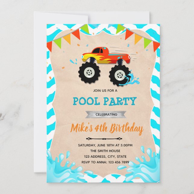 invitación a la fiesta de piscina de camiones mons (Anverso)