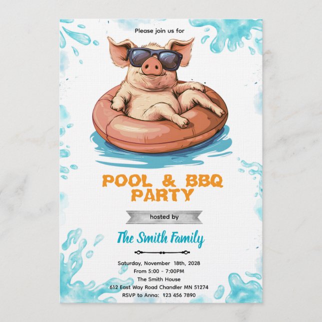 Invitación a la fiesta de piscina de cerdos y barb (Anverso)