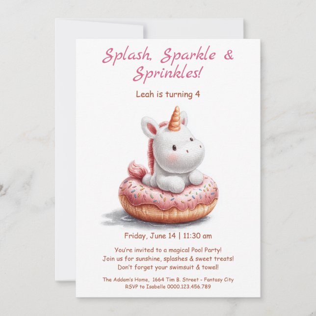 Invitación a la Fiesta de Piscina de Donas Unicorn (Anverso)