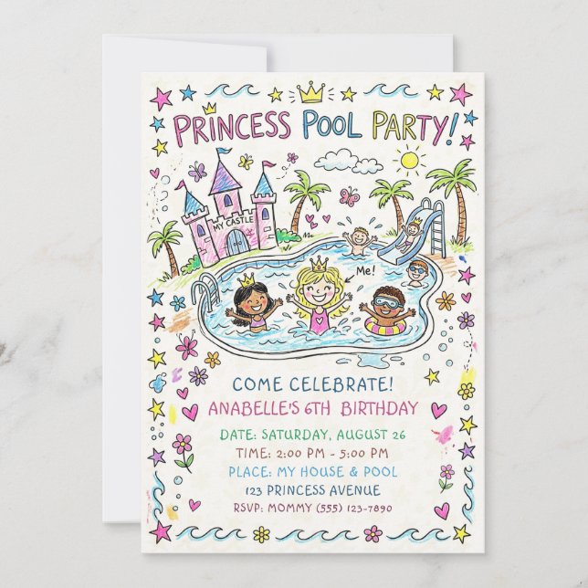 Invitación a la Fiesta de Piscina de la Princesa (Anverso)