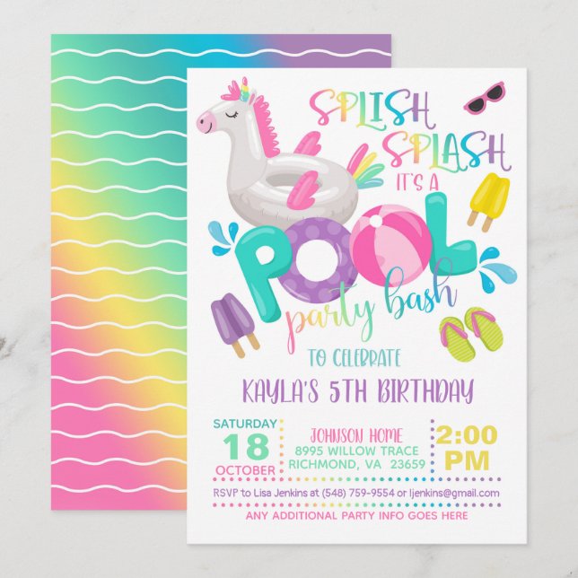 Invitación a la fiesta de Piscina de Unicornio (Anverso / Reverso)