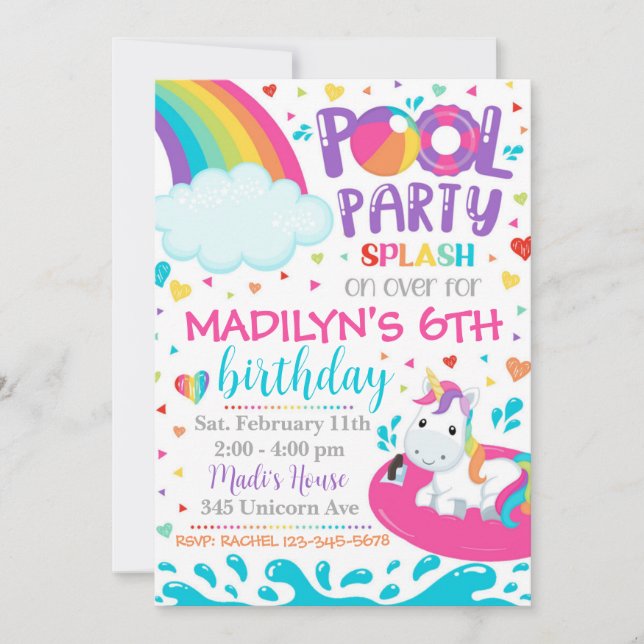 Invitación a la fiesta de Piscina de Unicornio | I (Anverso)