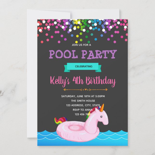 invitación a la fiesta de piscina de unicornios (Anverso)
