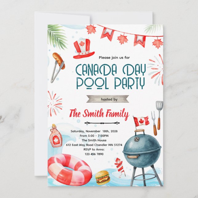 invitación a la fiesta de piscina del día de Canad (Anverso)