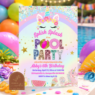 Invitación a la fiesta de piscina del unicornio de