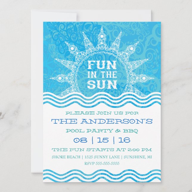 Invitación a la fiesta de piscina Diversión bajo e (Anverso)