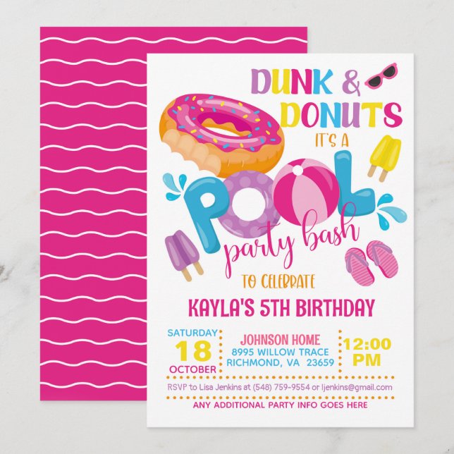 Invitación a la Fiesta de Piscina Dunk & Donuts (Anverso / Reverso)