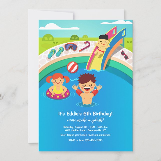 Invitación a la Fiesta de Piscina para Niños (Anverso)