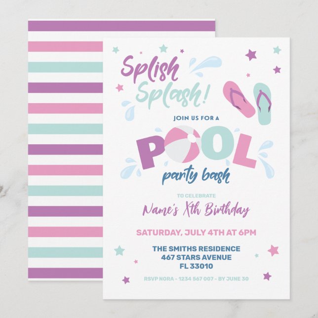 Invitación a la fiesta de Piscina Rosa (Anverso / Reverso)