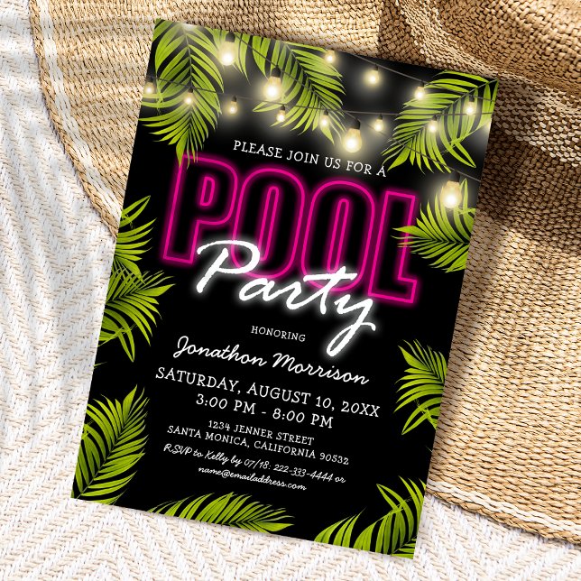 Invitación a la fiesta de piscina tropical de neón (Subido por el creador)