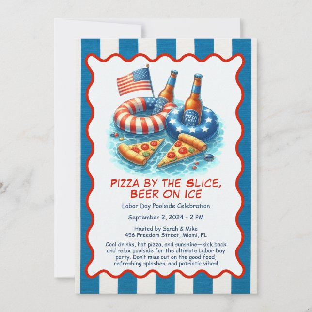 Invitación a la fiesta de pizza, cerveza y piscina (Anverso)