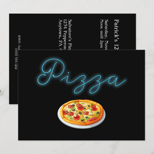 Invitación a la fiesta de pizza con brillo de neón (Anverso / Reverso)