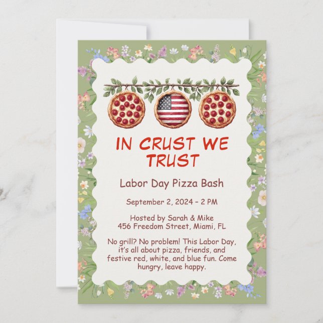 Invitación a la fiesta de pizza del Día del Trabaj (Anverso)